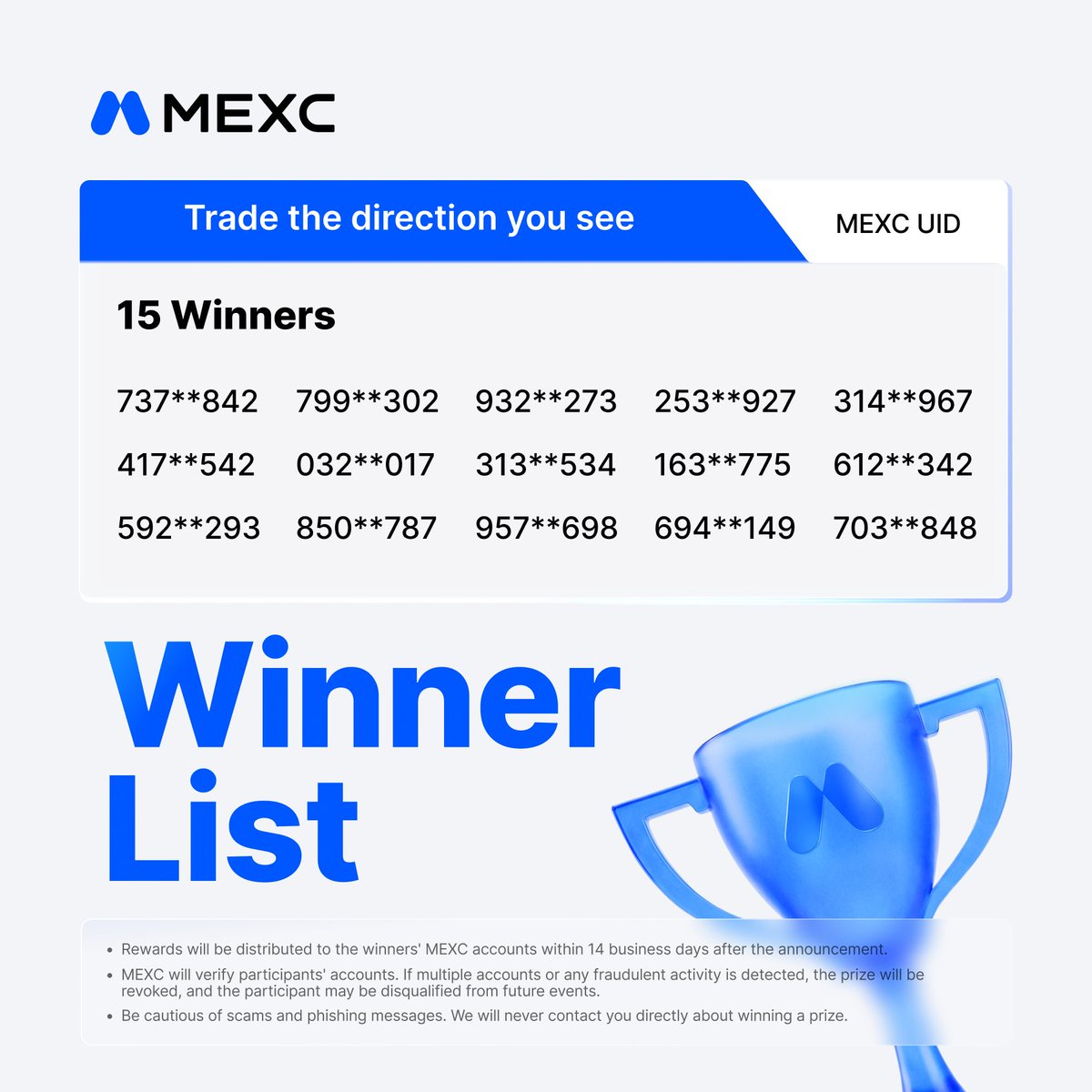 Alpha_MEXC's tweet photo. @MEXC Congrats to the following winners 🎉

Notes:
1️⃣Rewards will be distributed to the winners’ MEXC accounts within 14 business days after the winner announcement.
2️⃣If your account is limited, the reward will not be issued. https://t.co/xDCCAmghkE