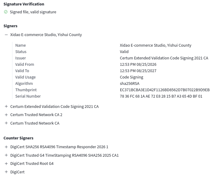 malwrhunterteam's tweet photo. Possible interesting "T.No20260921.dll" sample found inside "Pack_20260921_173723.iso" that was seen from India (also seen from Singapore as "file.iso").
Signed using Certum given cert with name "Xidao E-commerce Studio, Yishui County".
Also no AV detected it on VT...
🤷‍♂️ https://t.co/vnep9L3zFH