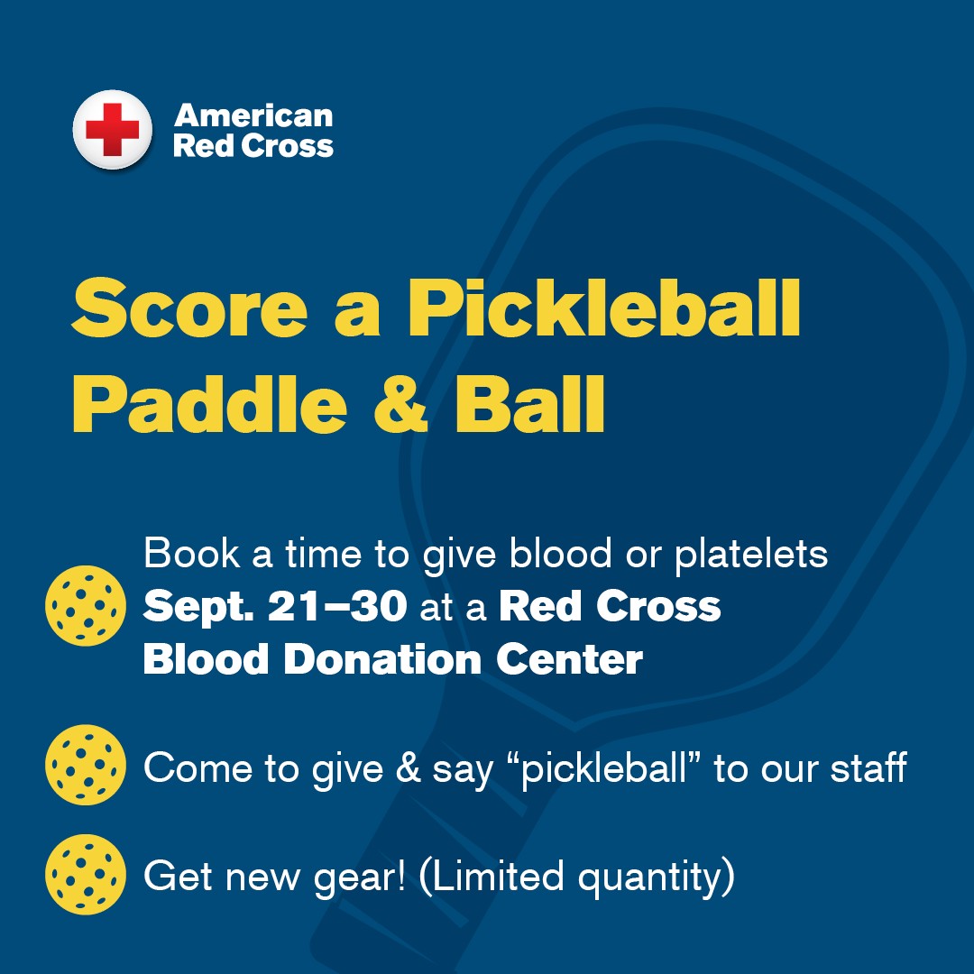 CTRedCross's tweet photo. We're serving up something special. Take home an exclusive pickleball paddle and ball, while they last, when you come to give blood or platelets Sept. 21-30 at a Red Cross blood donation center and mention “pickleball.” Book your time: https://t.co/3YnfKwTRU5 https://t.co/O57RefoPqv