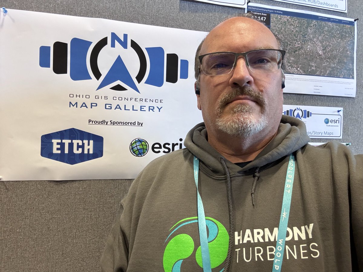 ekimmedic's tweet photo. @HarmonyTurbines proudly repping my new hoodie at the Ohio GIS Conference! https://t.co/XyF6AnMFeI