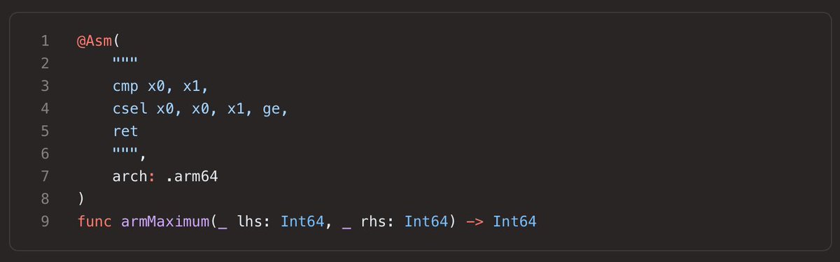 jacobtechtavern's tweet photo. Did you know you can write ARM64 assembly in your Swift apps?

It's a library with 2 two components: 

swift-assembly does the complicated ARM instruction set translation: parsing assembly strings, validating instructions & registering against its ARM64 instruction catalog, then encodes them into machine code bytes: [UInt8].

swift-asm-macro is the tidy API surface; running during compile-time, calling ARM64Assembler.assemble(source) in swift-assembly, and emitting them into the executable.

Here’s a couple of simple examples to get you going with instructions and registers: 

add(_ lhs: Int64, _ rhs: Int64) sums the input values in the x0 and x1 registers, places the result into x0, and returns it.

armMaximum(_ lhs: Int64, _ rhs: Int64) compares the inputs in the x0 and x1 registers, place the larger value into x0, then returns it.

The library assembles these assembly instructions at compile-time and uses section placement control to insert them into your app’s compiled MachO binary, called via a @convention(c) function pointer. 

Read “Forbidden iOS” here 👹 https://t.co/7OYOtvtXQB