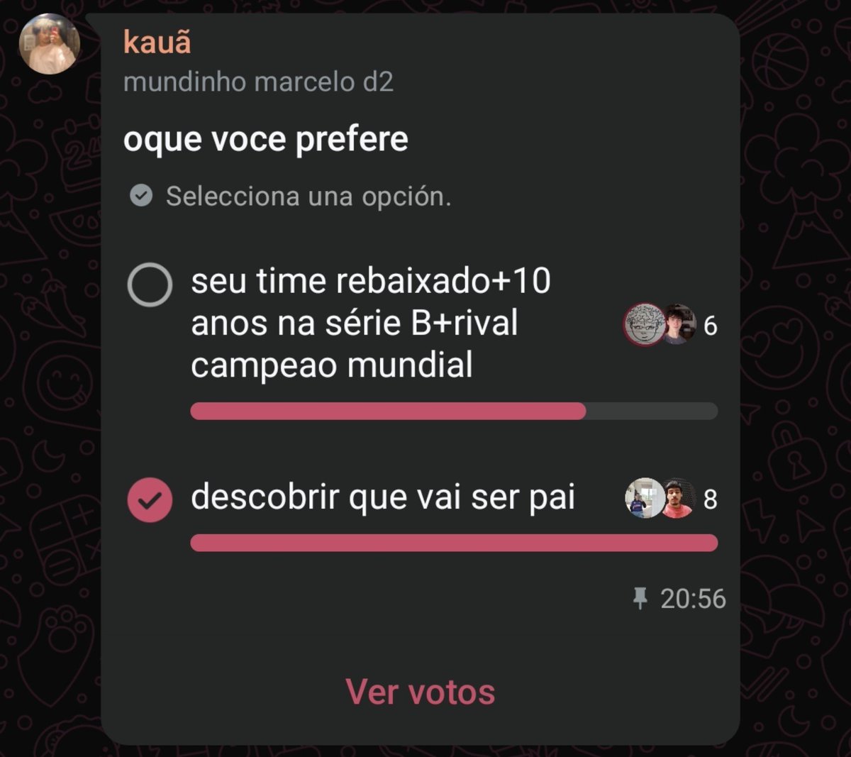 rxdrigonestor's tweet photo. uma das enquetes mais acirradas da história do grupo https://t.co/sFlwHl4Y1j