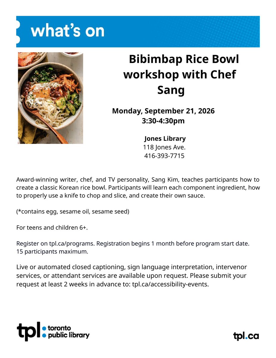 TPLJonesLibrary's tweet photo. Last chance to sign up for the Bibimbap workshop! Happening from 3:30-4:30pm at Jones Branch! 
3 spots left.

https://t.co/JoTMIsD6kr https://t.co/Ok0dFKBXsf