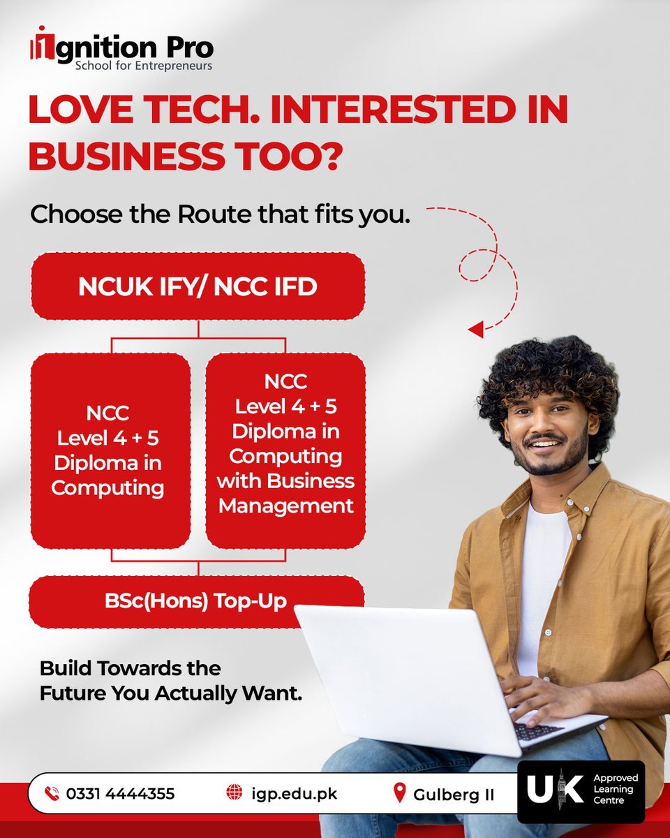 ignition_pro's tweet photo. Love technology and business? You can build skills in both.

Start with NCUK IFY or NCC IFD, then progress through NCC Level 4 + 5 in Computing or Computing with Business Management before exploring an eligible BSc (Hons) Top-Up.

0331 4444355 

#IgnitionPro #NCC #NCUK https://t.co/Jiu0T2TH91
