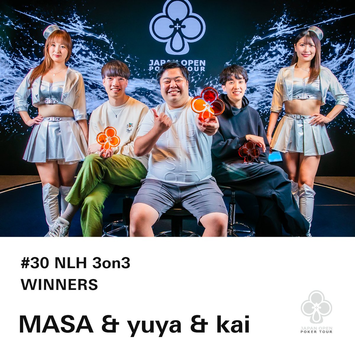 jopt_sapporo's tweet photo. @glamrock1213 @f_yudai23 @sakudai_poker @nagisa_Q10 【#30 NLH 3on3】

優勝 MASA様(@24_masapo)&amp;yuya様(@imamu_38)&amp;kai様(@kaiadpjwptw)

選手契約がオファーされます！
おめでとうございます！👑✨

#JOPTSapporo
#JOPT https://t.co/7zGp0LJbqC