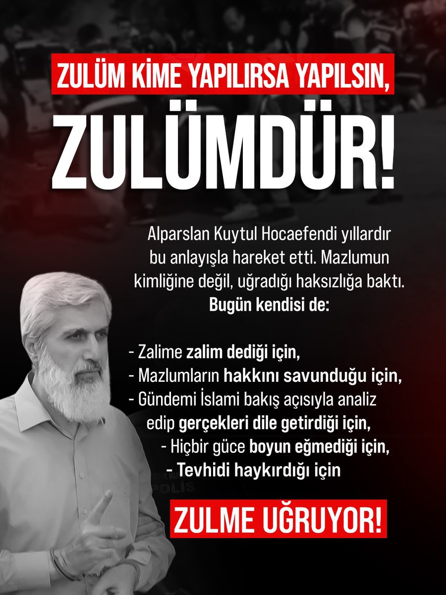 Frknerk_17's tweet photo. Zulüm Kime Yapılırsa Yapılsın Zulümdür! 

Alparslan Kuytul Hocaefendi her daim bu anlayışla hareket etti. Mazlumun kimliğine değil uğradığı haksızlığa baktı. Bugün ise kendisi zulüm görüyor! 

#Susmayacağız
AlparslanHocadan Mesaj
Susma SıraSanadaGelecek https://t.co/c8t3OcV35Y