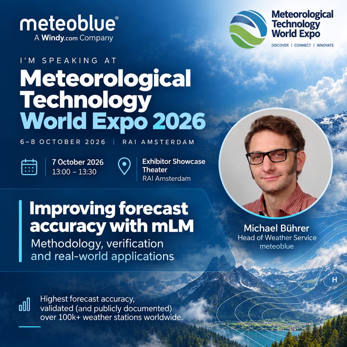 meteoblue's tweet photo. We are looking forward to seeing Michael Bührer, Head of Weather Services at meteoblue, on stage at the Meteorological Technology World Expo in Amsterdam! 🌍 

➡️ His session will explore how meteoblue Learning MultiModel (mLM) improves forecast accuracy through nowcasting, multi-model blending, downscaling and other advanced methods. 

➡️ Verification results will show how mLM performs compared with individual weather models, followed by practical examples of how these forecasts are used in https://t.co/oriei0bNOl, urban climate management, agriculture, energy, road transport, airports and ports.

📅 7 October 2026
🕐 13:00–13:30
 📍  Exhibitor Showcase Theater, RAI Amsterdam

If you are attending the Expo, join the session and meet us there!