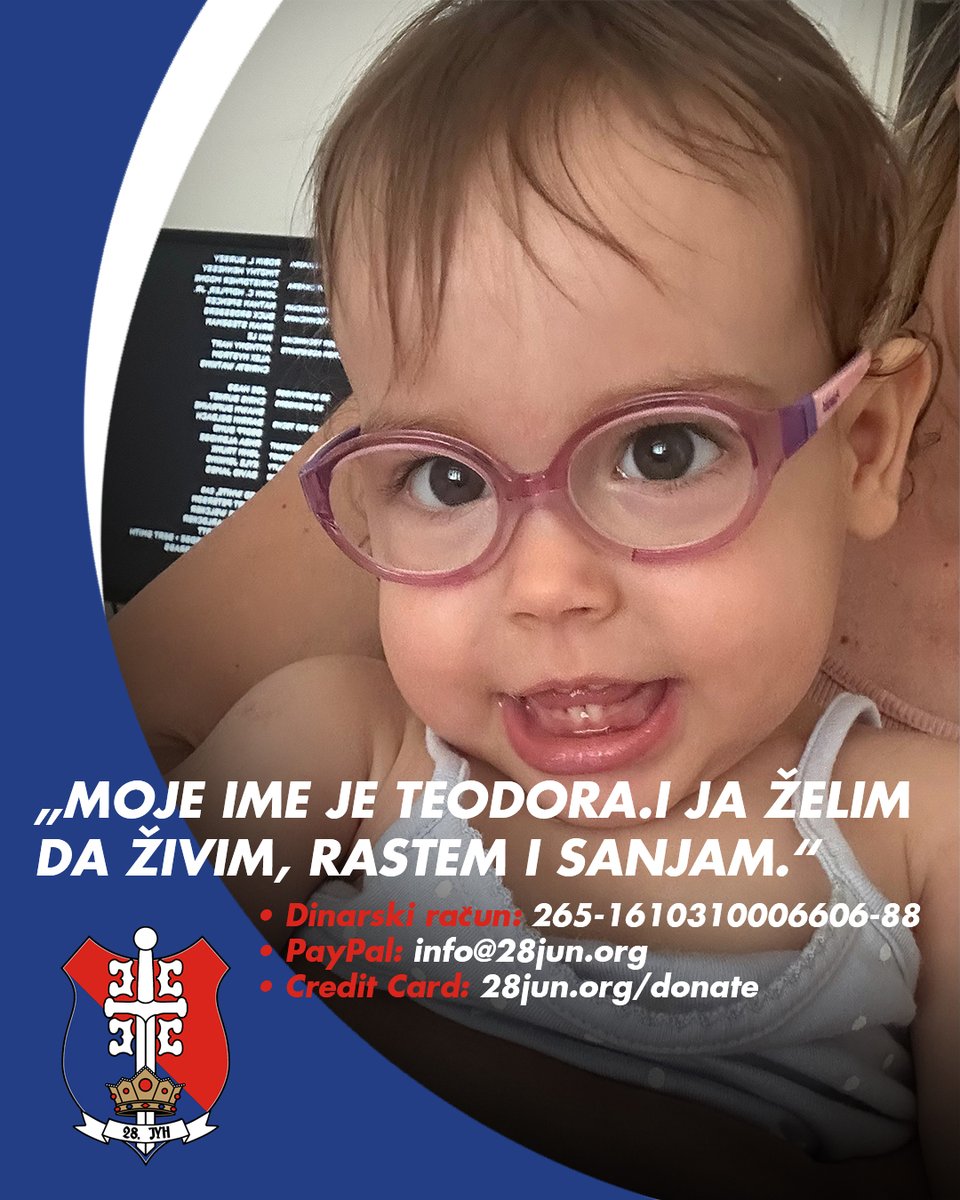 28Jun's tweet photo. Teodora iz Obrenovca ima samo 18 meseci, a od prvih dana života bori se za svoj napredak. ❤️

Rođena je prerano, u 31. nedelji trudnoće. Krvarenje na mozgu koje je pretrpela po rođenju ostavilo je posledice na njen razvoj, zbog čega su terapije i rehabilitacija od najranijeg detinjstva postale deo njene svakodnevice.

I pored svega, Teodora je vesela i uporna devojčica koja uz mnogo rada svakodnevno pravi svoje male, ali važne korake napred.

Da bi nastavila da napreduje, potrebne su joj redovne fizikalne terapije i rehabilitacija, čiji troškovi iznose oko 160.000 dinara mesečno. Pred njom je i planirani tretman matičnim ćelijama u iznosu od 18.000 evra, kao i nastavak lečenja u specijalizovanim ustanovama u zemlji i inostranstvu.

Zato danas udružujemo snage za Teodoru.

Želimo da joj omogućimo sve što joj je potrebno da nastavi da se razvija, napreduje i osvaja nove korake.

Donirajte 300 dinara danas za Teodoru.

• PayPal: https://t.co/vZ8uhCofSp

• Credit Card: https://t.co/GRE2f0FfHG

• Dinarski račun: 265-1610310006606-88 
Primalac: Srbi Za Humanost 
Šifra plaćanja: 287
Mesto: Novi Sad

Kada se mnogo nas udruži, nijedna pomoć nije mala. 🙏🏼❤️