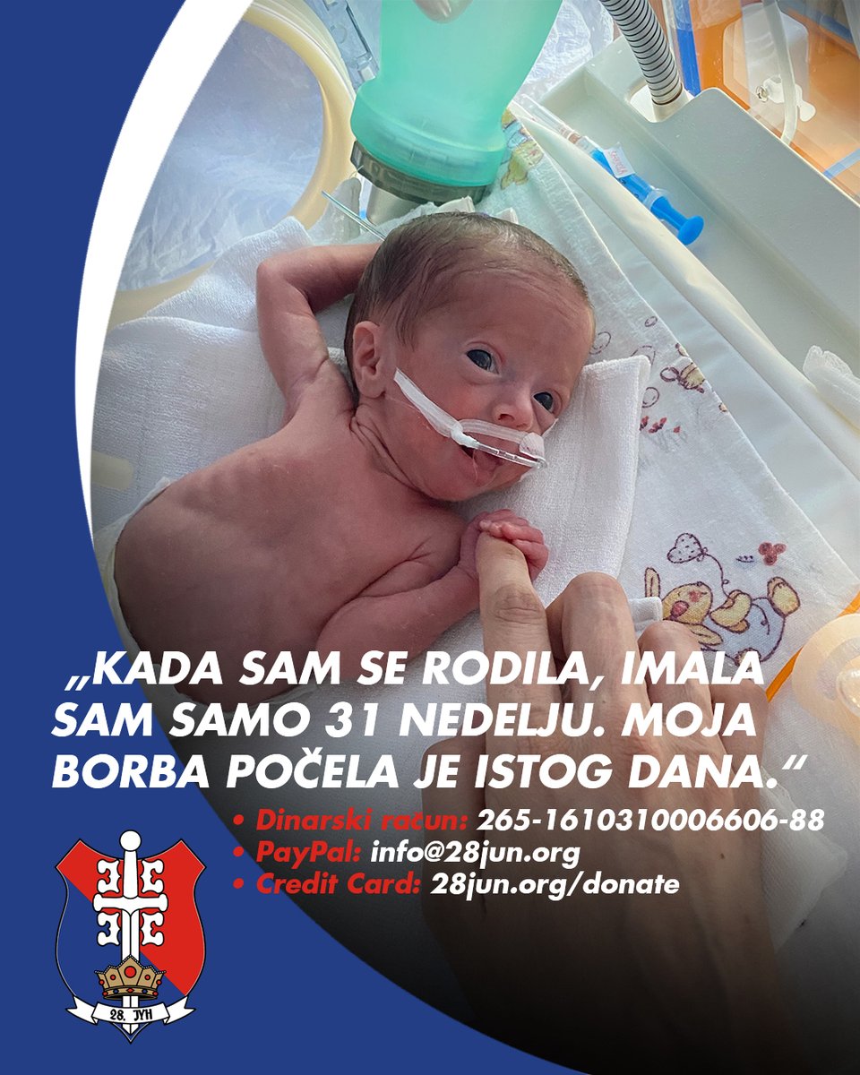 28Jun's tweet photo. Teodora iz Obrenovca ima samo 18 meseci, a od prvih dana života bori se za svoj napredak. ❤️

Rođena je prerano, u 31. nedelji trudnoće. Krvarenje na mozgu koje je pretrpela po rođenju ostavilo je posledice na njen razvoj, zbog čega su terapije i rehabilitacija od najranijeg detinjstva postale deo njene svakodnevice.

I pored svega, Teodora je vesela i uporna devojčica koja uz mnogo rada svakodnevno pravi svoje male, ali važne korake napred.

Da bi nastavila da napreduje, potrebne su joj redovne fizikalne terapije i rehabilitacija, čiji troškovi iznose oko 160.000 dinara mesečno. Pred njom je i planirani tretman matičnim ćelijama u iznosu od 18.000 evra, kao i nastavak lečenja u specijalizovanim ustanovama u zemlji i inostranstvu.

Zato danas udružujemo snage za Teodoru.

Želimo da joj omogućimo sve što joj je potrebno da nastavi da se razvija, napreduje i osvaja nove korake.

Donirajte 300 dinara danas za Teodoru.

• PayPal: https://t.co/vZ8uhCofSp

• Credit Card: https://t.co/GRE2f0FfHG

• Dinarski račun: 265-1610310006606-88 
Primalac: Srbi Za Humanost 
Šifra plaćanja: 287
Mesto: Novi Sad

Kada se mnogo nas udruži, nijedna pomoć nije mala. 🙏🏼❤️