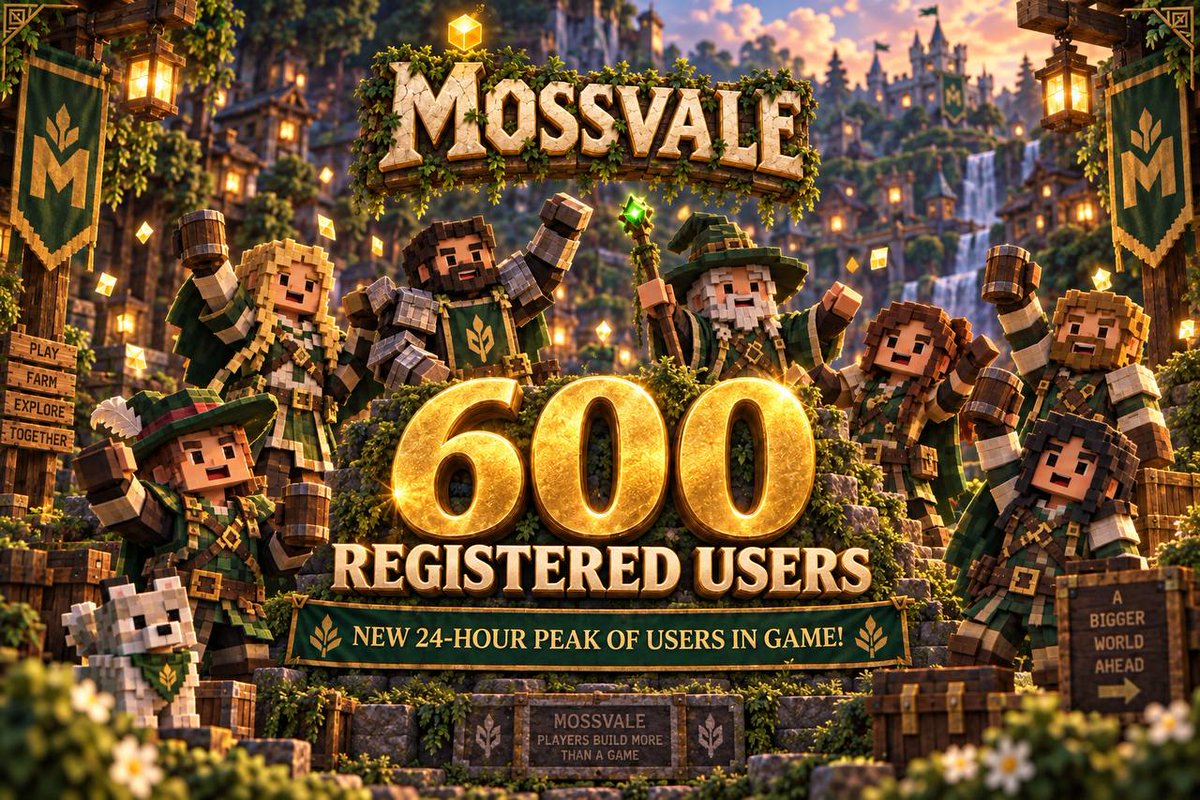 MossvaleMMO's tweet photo. 🌱 MOSSVALE KEEPS GROWING! 🌱

Today, we’ve officially reached 600 REGISTERED USERS in Mossvale! 🏰🔥

And that’s not all, we’ve hit a new ATH of 33 active players in-game! 👀

The Asia Server keeps growing, more players are joining every day, and the Mossvale community is getting bigger with every step.

🎮 Play Mossvale now: https://t.co/Otc3dSiI9r
📊 Follow the live Mossvale stats:

https://t.co/cwE0DfuhDH
CA: 0x6742883Eef788E2424CE5a1b0d4303144AaEc0a5