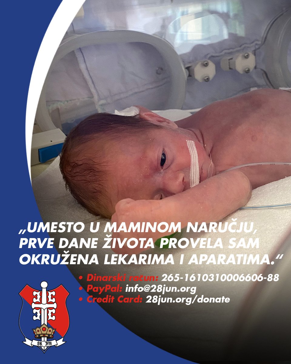 28Jun's tweet photo. Teodora iz Obrenovca ima samo 18 meseci, a od prvih dana života bori se za svoj napredak. ❤️

Rođena je prerano, u 31. nedelji trudnoće. Krvarenje na mozgu koje je pretrpela po rođenju ostavilo je posledice na njen razvoj, zbog čega su terapije i rehabilitacija od najranijeg detinjstva postale deo njene svakodnevice.

I pored svega, Teodora je vesela i uporna devojčica koja uz mnogo rada svakodnevno pravi svoje male, ali važne korake napred.

Da bi nastavila da napreduje, potrebne su joj redovne fizikalne terapije i rehabilitacija, čiji troškovi iznose oko 160.000 dinara mesečno. Pred njom je i planirani tretman matičnim ćelijama u iznosu od 18.000 evra, kao i nastavak lečenja u specijalizovanim ustanovama u zemlji i inostranstvu.

Zato danas udružujemo snage za Teodoru.

Želimo da joj omogućimo sve što joj je potrebno da nastavi da se razvija, napreduje i osvaja nove korake.

Donirajte 300 dinara danas za Teodoru.

• PayPal: https://t.co/vZ8uhCofSp

• Credit Card: https://t.co/GRE2f0FfHG

• Dinarski račun: 265-1610310006606-88 
Primalac: Srbi Za Humanost 
Šifra plaćanja: 287
Mesto: Novi Sad

Kada se mnogo nas udruži, nijedna pomoć nije mala. 🙏🏼❤️
