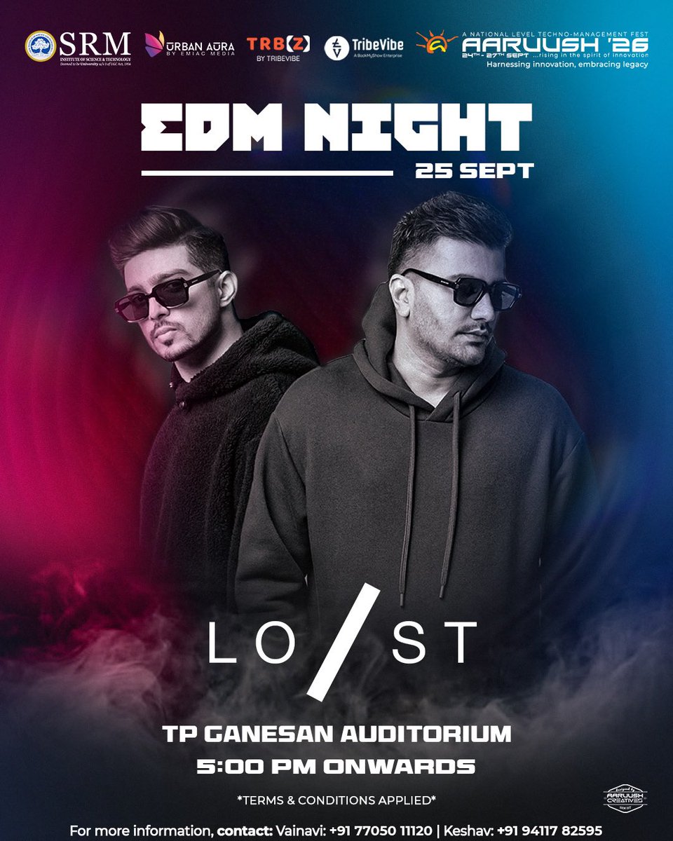 aaruushsrmist's tweet photo. The wait is over. 🔥
Lost Stories is coming to Aaruush ’26 for Day 2, 25th September! 🎧
Get ready for an evening packed with music, energy and a crowd that’s ready to go all out.
🎟️Register at https://t.co/68uNR8uCoX
#ProNite #LostStories #seeyouattheevent #Aaruush #SRMIST https://t.co/j27Tkb9Xr8