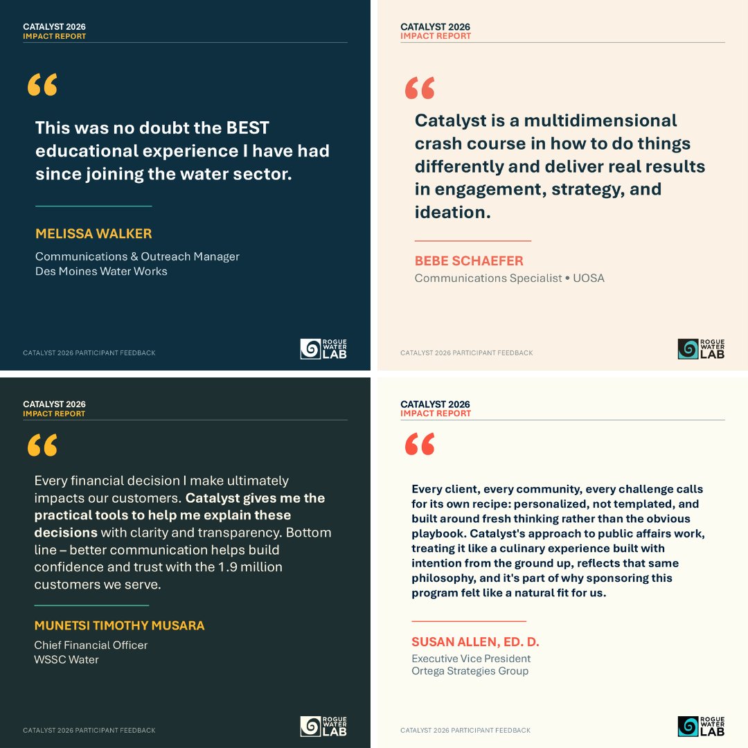RogueWaterLab's tweet photo. Catalyst is about connection, new ideas &amp; leading beyond silos.

#Catalyst2026 feedback:

➡️ 95% would recommend Catalyst
➡️ 100% made useful professional connections
➡️ 91% felt highly prepared to work beyond their usual role

Partner with us! https://t.co/ESgv4KGBje https://t.co/fNRrt6MzMD