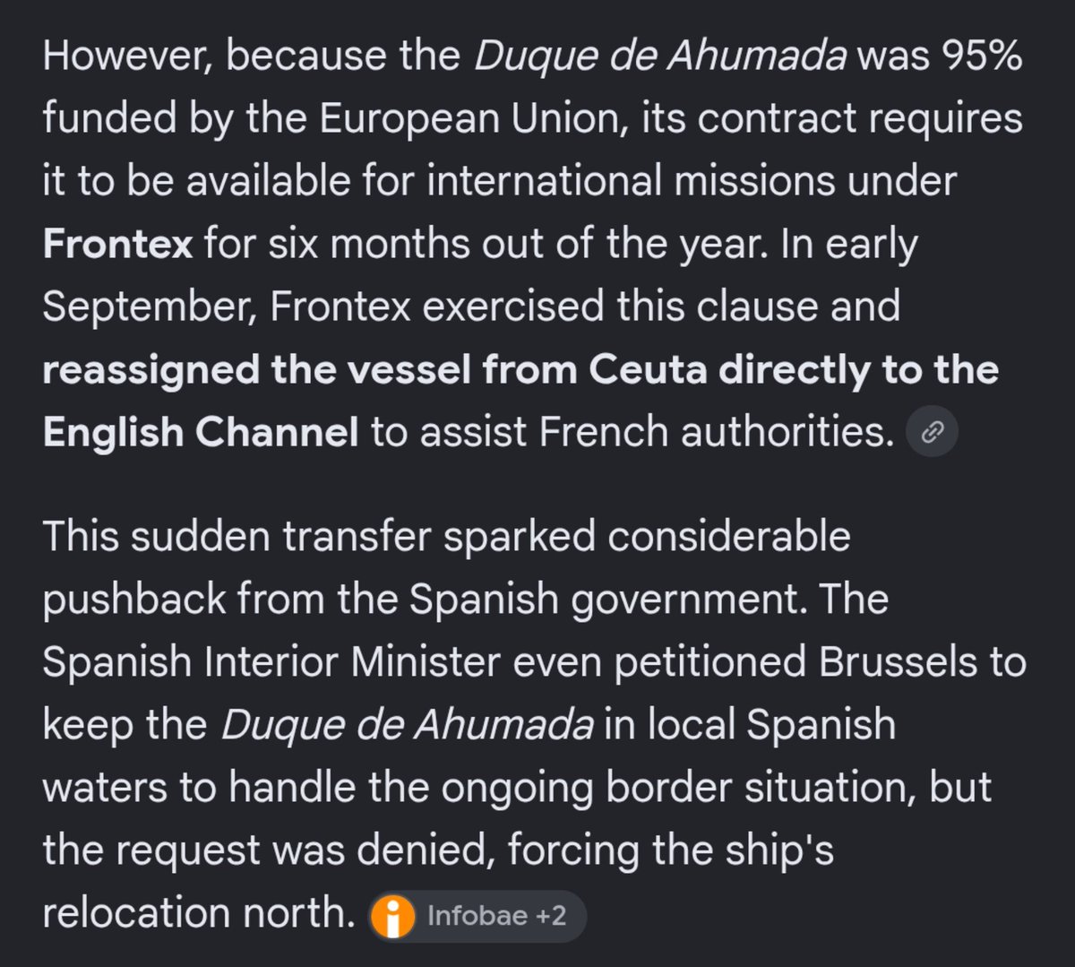 ActivePatriotUK's tweet photo. 🚨 Is this is joint UK-EU Operation?

Why is a European Union funded Spanish Enforcement Vessel that was in Ceuta during their invasion, assisting the French in the English channel making sure migrants safely cross and are handed over to our border force?

Happening right now in the channel 👇🏻 

Border force are waiting until they make the centre line before they pick the up

🛑 STOP THE BOATS 🛑