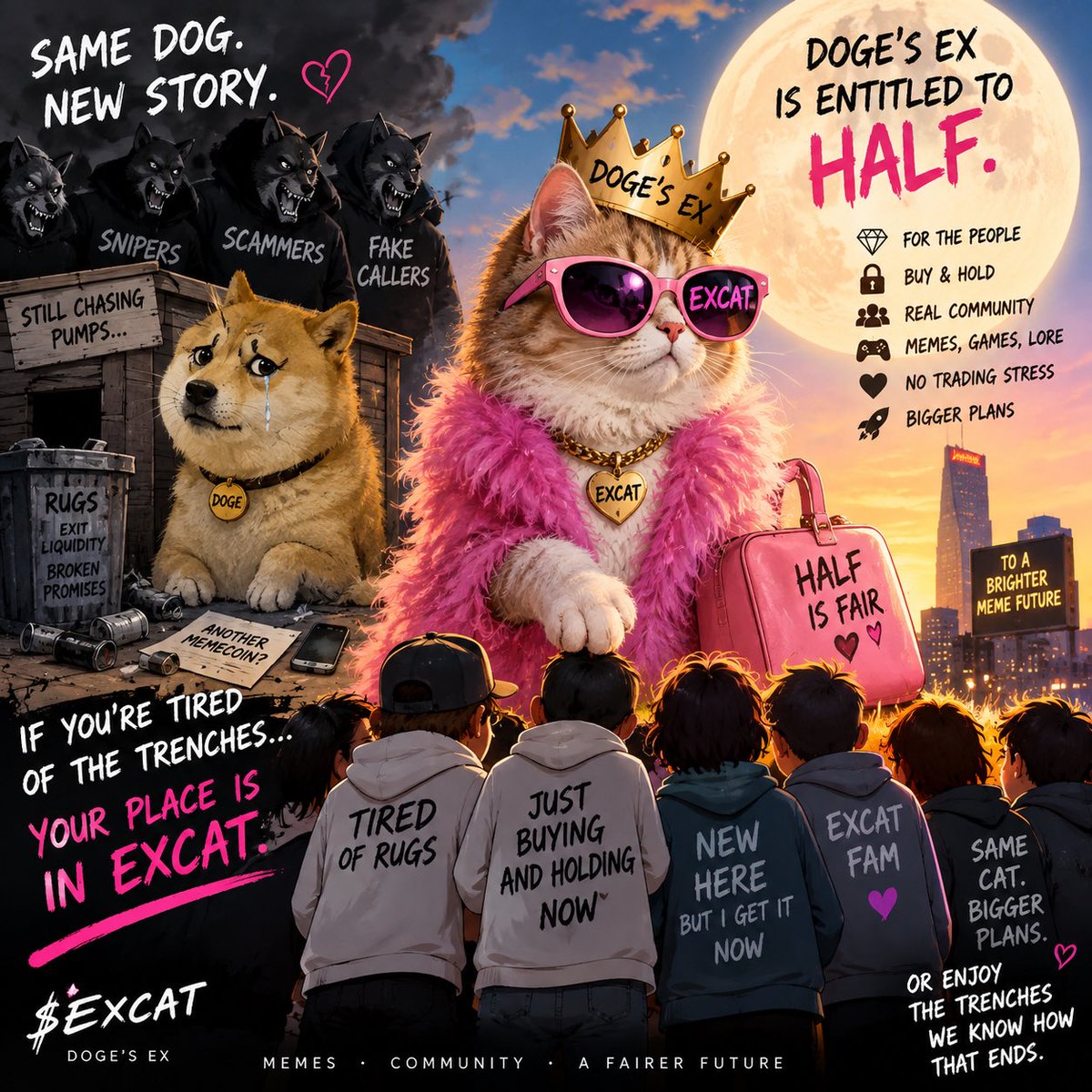 excatcoin's tweet photo. been in crypto long enough to know the trenches weren’t built for ordinary people.

snipers. insiders. fake callers. exit liquidity.

$EXCAT is the opposite story. 🐱

simple meme. simple thesis. real community.

buy if you believe.
sit on your hands.
meme with us.
build with us.

DOGE’S EX only wants one thing:

she’s entitled to half. 🐱💔🐶

no complicated lore to understand.
no need to trade every candle.

same cat. bigger plans.

$EXCAT
https://t.co/4WeVXAbdBI

#EXCAT #CatSeason
