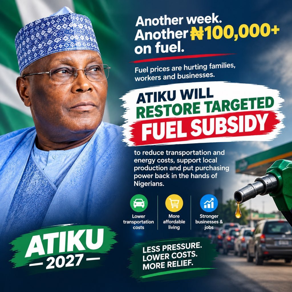 IbrahimMTukur7's tweet photo. RESTORE FUEL SUBSIDY..!! With ATIKU 2027.

VOTE ADC 2027 ✅🇳🇬 https://t.co/CfdTBhsLZr