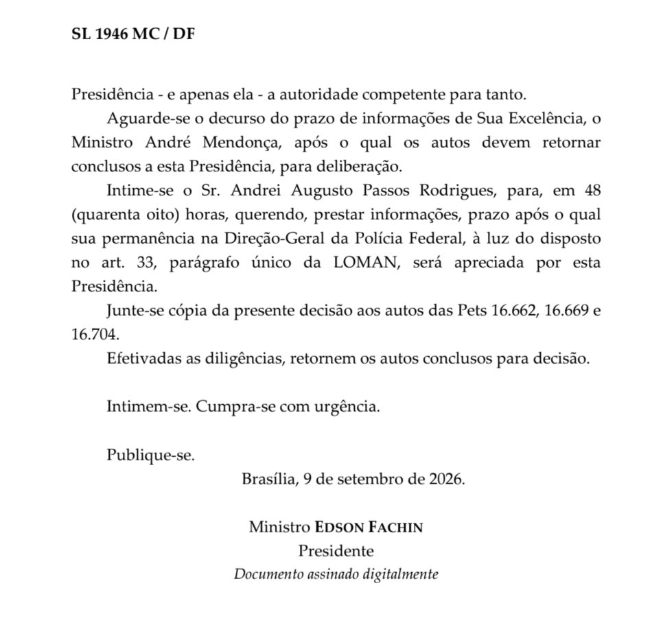 wallaceolive_r's tweet photo. ⚠️ Ministro Fachin, o senhor prometeu aos colegas do @STF_oficial que decidiria o destino de Andrei Rodrigues logo após as explicações, cujo prazo venceu em 11 de setembro. 

Já se passaram 10 dias. Cadê a decisão? O silêncio não é resposta. https://t.co/fqpsuF4sxV