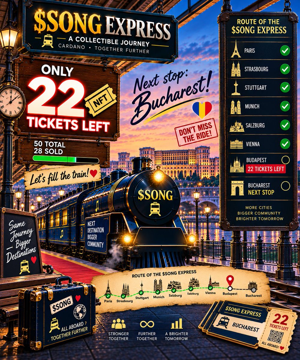 LapuhAndrej's tweet photo. Every ticket moves the $SONG Express one stop closer to Bucharest. 🚂
Only 22 tickets remaining! 
@SongOnCardano #CardanoCommunity #SongExpress https://t.co/BefZp8nLh7