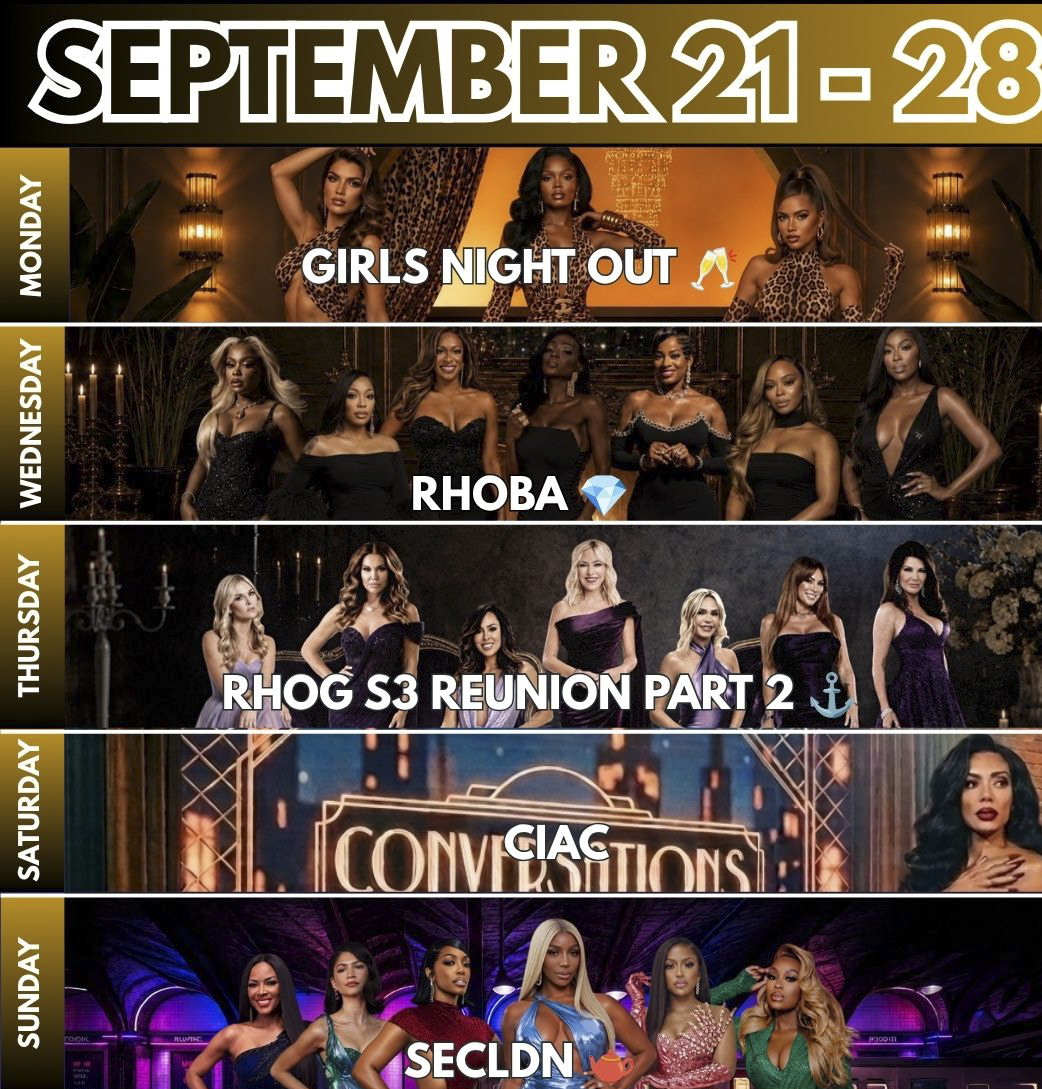 AlexMonroeRP's tweet photo. The weekly RP lineup is here! 📺✨

💥 #RHOG Reunion Part 2 — the drama continues
☕ #CIAC is back after a week away!
🍸 #GirlsNightOut returns — because one night is never enough
🌴 #RHOBA reaches the halfway mark
🆕 #SECLDN joins the mix!

Your week is booked. 👀 https://t.co/vkVaqHzx7x