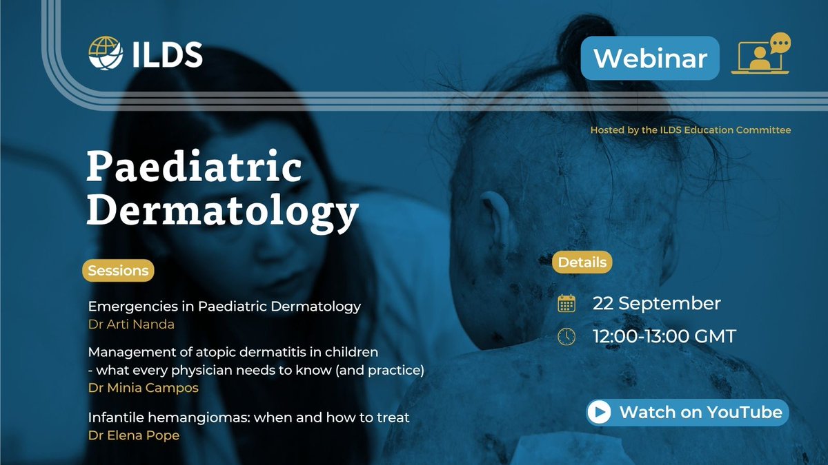 ILDSDerm's tweet photo. Tomorrow: join us live for the latest ILDS webinar on #Paediatric #Dermatology. 3 expert speakers will share practical knowledge across important areas of care, from recognising dermatological emergencies to managing #atopicdermatitis and more.

▶️ https://t.co/4qph4LfktV https://t.co/wbxBS6gDsY