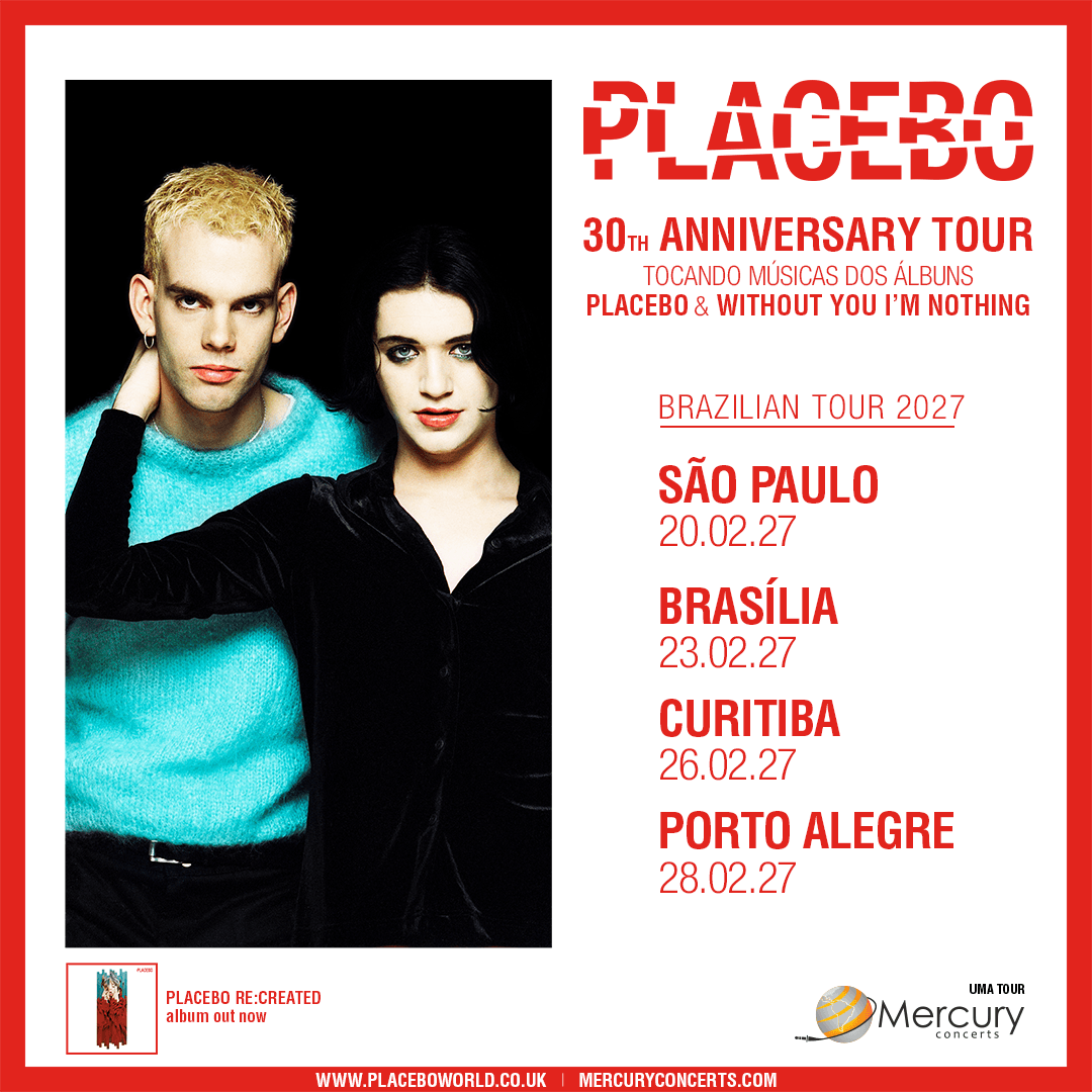igorogh's tweet photo. 🚨 PLACEBO NO BRASIL! 🇧🇷

A banda britânica desembarca no país em 2027 com a “30th Anniversary Tour”, celebrando três décadas de carreira e revisitando músicas de “Placebo” e “Without You I’m Nothing”.

📍 20/02 — São Paulo | Suhai Music Hall
📍 23/02 — Brasília | Centro de Eventos Ulysses Guimarães
📍 26/02 — Curitiba | Live Curitiba
📍 28/02 — Porto Alegre | Auditório Araújo Vianna

🎟️ Pré-venda fã-clube: 29/09, às 10h, por 24h.
🎟️ Pré-venda promocional: 30/09, às 10h.
🎟️ Venda geral: 02/10, às 10h.