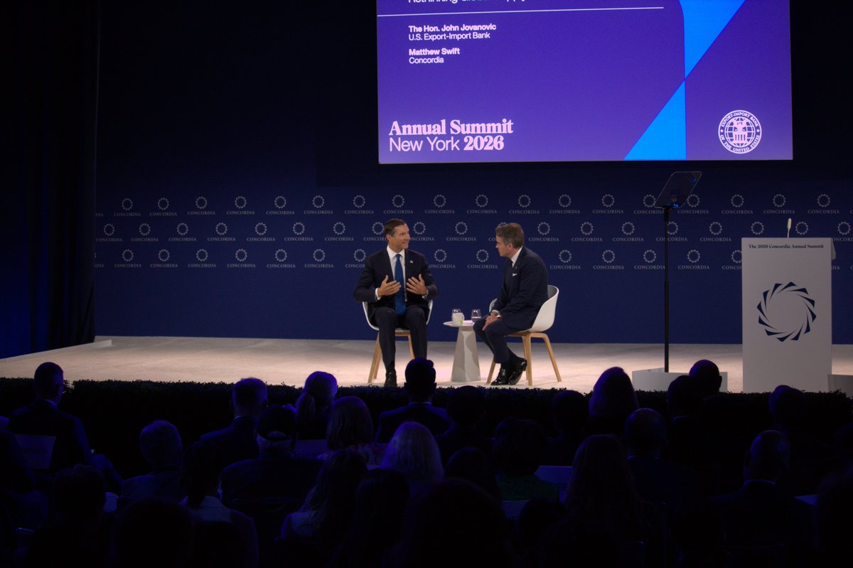 ConcordiaSummit's tweet photo. At #Concordia26 @matthewswift is joined by The Hon. @JJovanovicUSA Chairman and President of the Export-Import Bank of the United States to discuss rethinking global supply for a fragmented world. https://t.co/jtLMP1TMCD