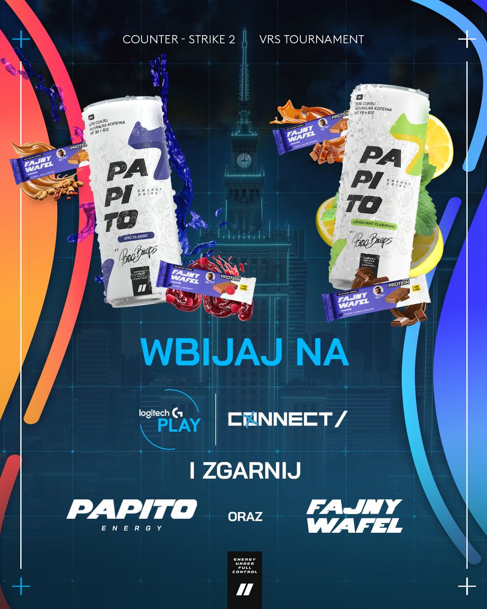 papitoenergy's tweet photo. Turniej VRS w Polsce? Nie mogło nas na nim zabraknąć 💪

Międzynarodowe zespoły, 100 tysięcy dolarów w puli nagród, tysiące miejsc na trybunach i... darmowe puchy Papito Energy i Fajne Wafle 😎

Wpadajcie 22 i 23 września na na Logitech G Play Connect w warszawskim EXPO XXI i razem z nami kibicujcie drużynom w walce o cenne punkty VRS 🔥