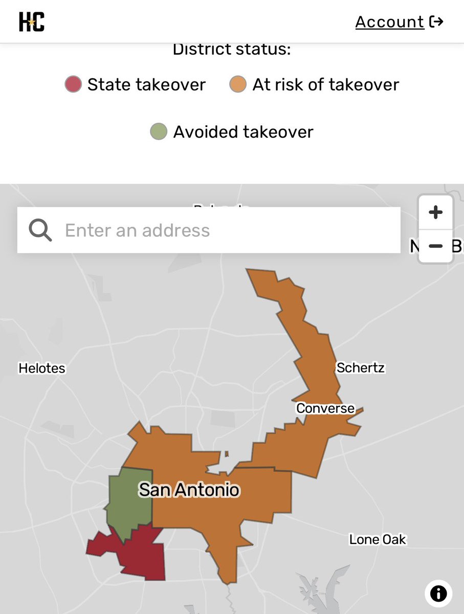 noahbach's tweet photo. @HoustonChron updated its Texas school takeover tracker today. One notable San Antonio-area detail: Every district at risk of a state takeover, under TEA intervention or narrowly avoiding one borders another district in one of those groups.
https://t.co/qDjCnqbIFF https://t.co/l0babSE2Xg