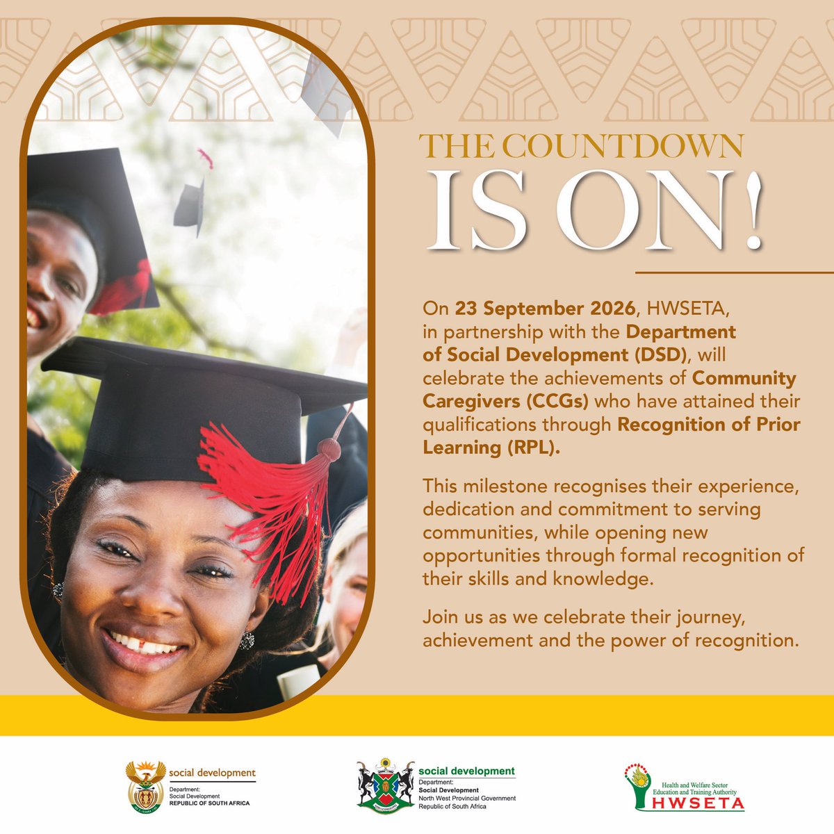 HWSETA_SA's tweet photo. Two days to go! π On 23 September, HWSETA and DSD celebrate Community Caregivers who have earned their qualifications through RPL. Their experience is now formally recognised. Join us in celebrating their achievement. #HWSETA #RPLGraduation https://t.co/spvlzl75od