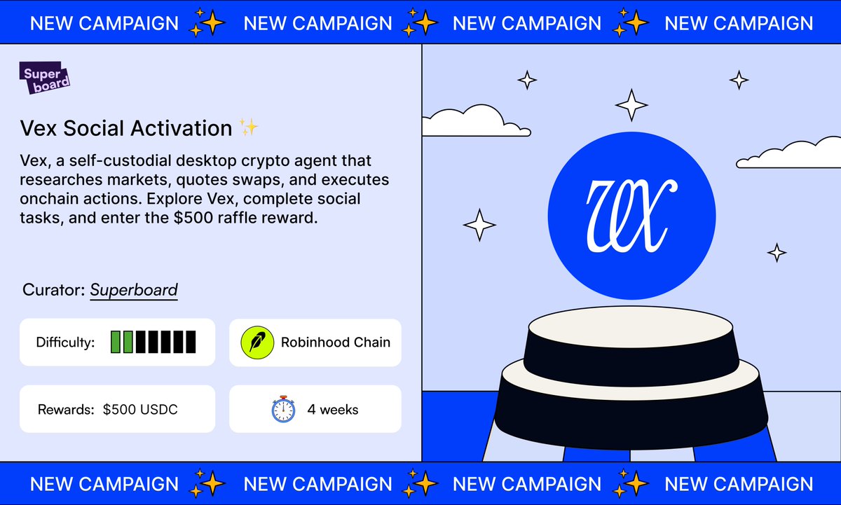 Superboard_'s tweet photo. Vex Social Activation Is Live ⚡

Vex, a self-custodial desktop crypto agent that researches markets, quotes swaps, and executes onchain actions.

🔗 Follow @ProjectVEXai on X
🕊️ Complete the social tasks
💰 Enter the $500 USDC raffle

Join → https://t.co/Il7bUJeXaf https://t.co/E4BUoyBJwq