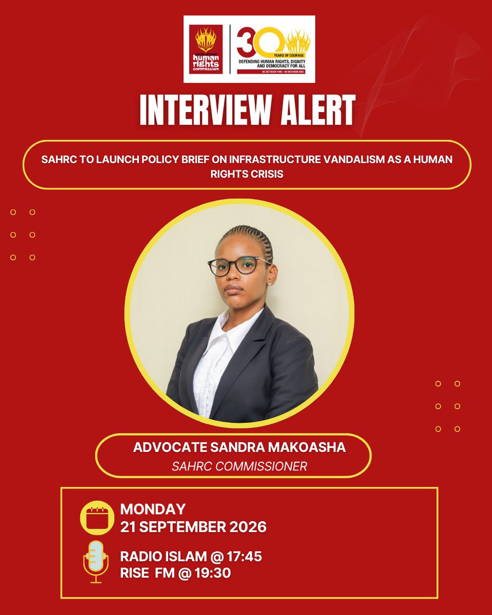 SAHRCommission's tweet photo. Interview Alert  

This evening, Commissioner Sandra Makoasha, will be talking to @radioislam and @RISEfm943 respectively about the Policy Brief on Infrastructure Vandalism as a Human Rights Crisis launched earlier today, 21 September. https://t.co/3vb50Mv72Z