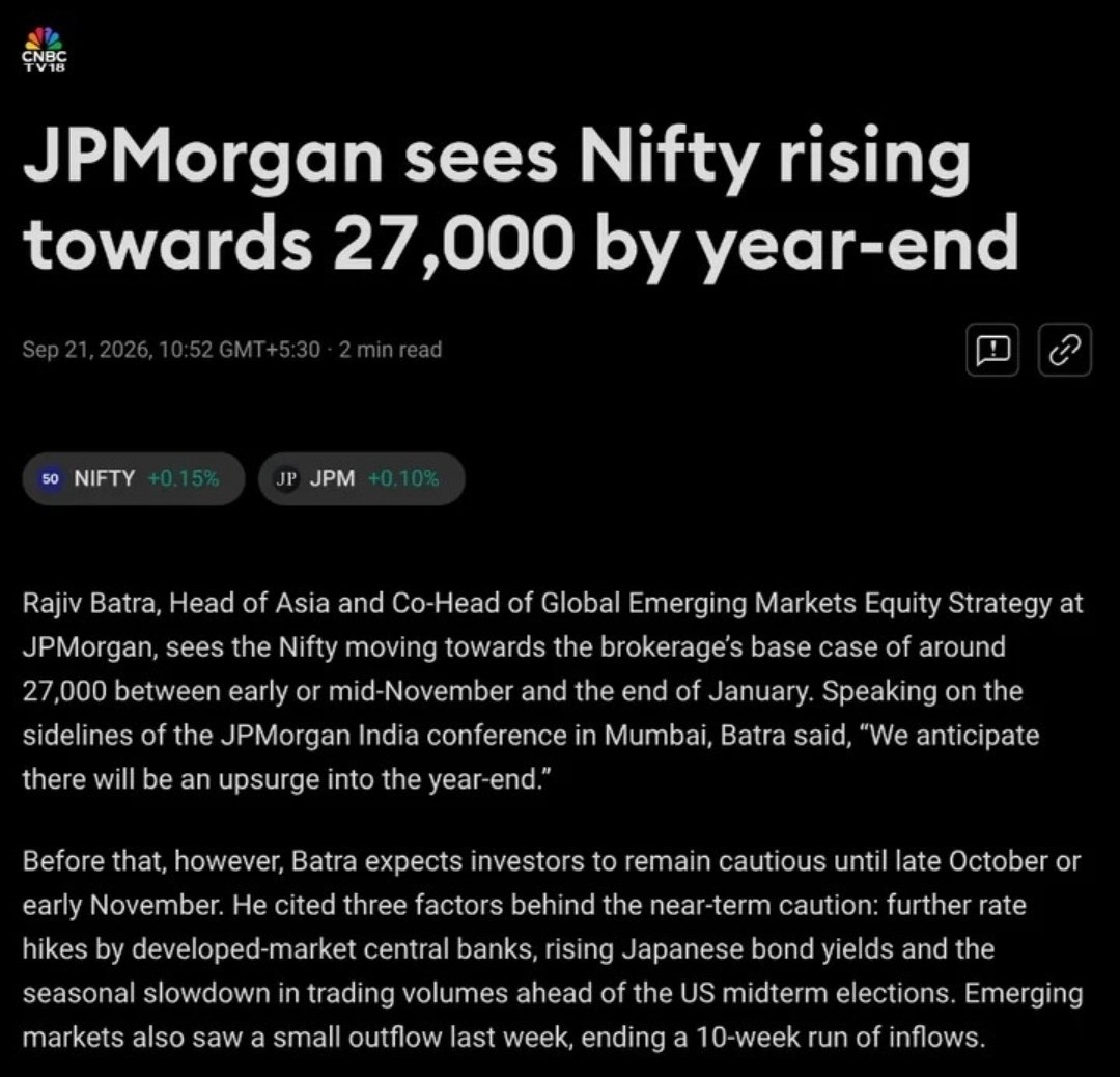 SarangSood's tweet photo. Nifty today: 23440
JPMorgan year-end target: 27000

That’s +3560 pts or 15.2% in 101 days. https://t.co/djkxT9iGu0