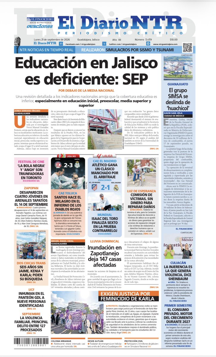 sonia_ssi's tweet photo. Buenos días. En nuestra portada de hoy, una revisión detallada a los indicadores de la @SEP_mx , realizado por @VMGlezR, arroja que Jalisco está por debajo de la media nacional en 23 de 32 mediciones en educación @NTRGuadalajara https://t.co/sB8PujB9mq