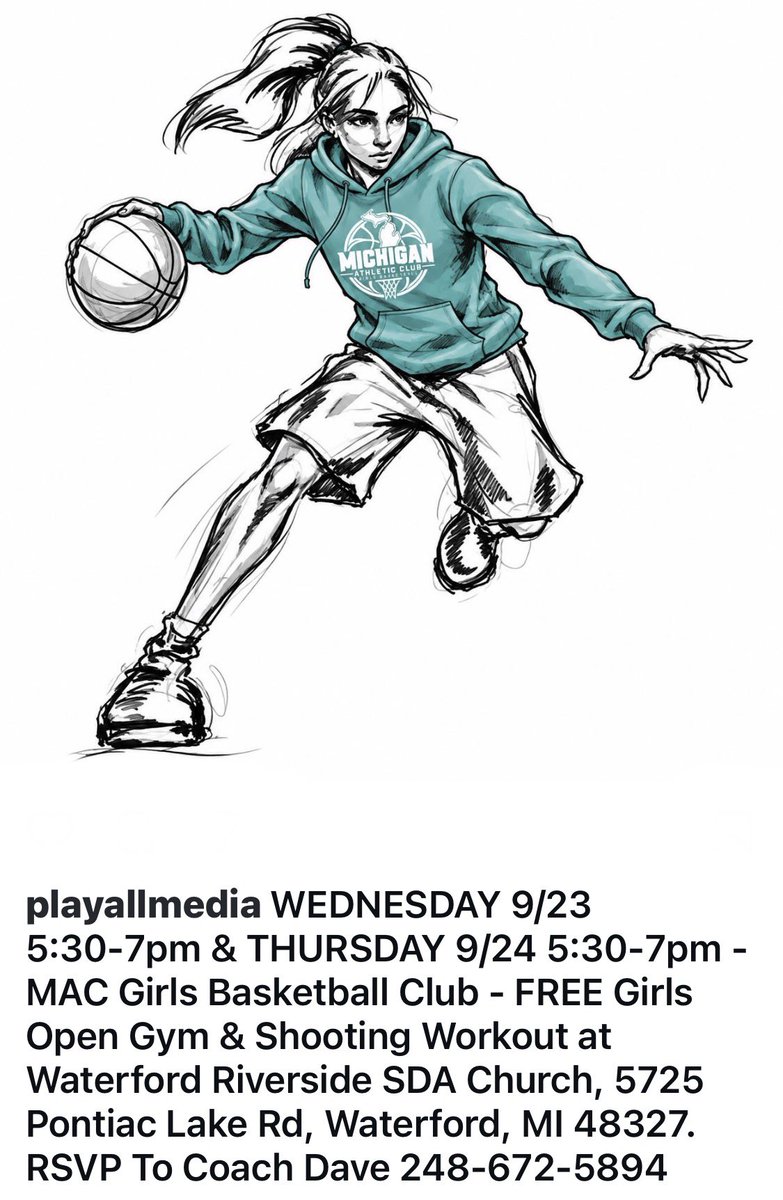 MACHoopsCoach's tweet photo. WEDNESDAY 9/23 5:30-7pm &amp; THURSDAY 9/24 5:30-7pm - MAC Girls Basketball Club - FREE Girls Open Gym &amp; Shooting Workout at Waterford Riverside SDA Church, 5725 Pontiac Lake Rd, Waterford, MI 48327. RSVP To Coach Dave 248-672-5894. https://t.co/uroE4h7yhH
