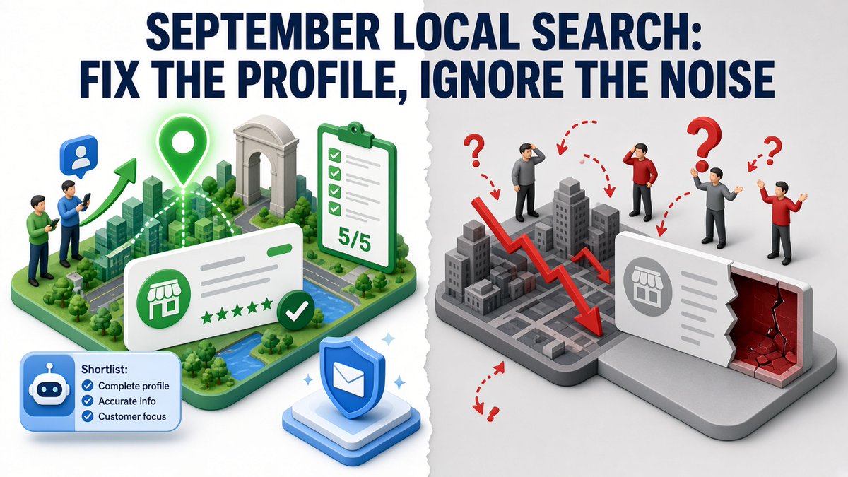 InsiteAdvice's tweet photo. September SEO noise is not a new confirmed Google update.

Score your GBP 0-5. Fix spam-thin pages. Map pack still beats AI shortlists for most STL owners.

#localseo #stlouis #digitalmarketing

INSITE ADVICE St. Louis Digital marketing https://t.co/9CLAQIZzhg
