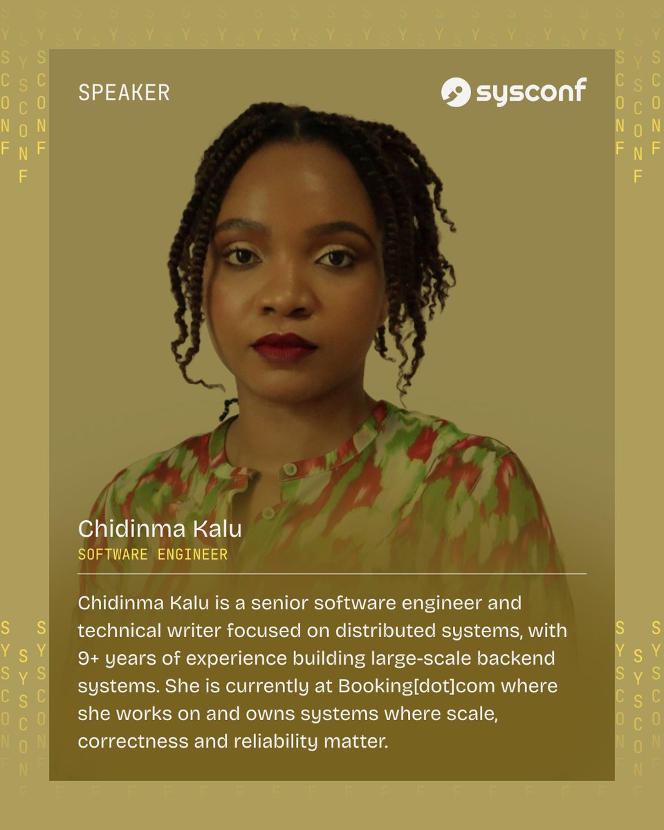 sysconf_'s tweet photo. We are excited to announce Chidinma Kalu (@chidinmako) as a speaker at SysConf 2026.

Her talk is titled “The Index Is a Bet You Made at Write Time” 

When building an inverted index for a search system, several decisions and assumptions are made about the type of queries the system will receive. The system could take a stored document and tokenize it, normalize it, stem it, discard some information it deems irrelevant and perform some other operations to prepare the index. The final index, then, contains a bet about the types of queries users will ask the system.

This is a talk about how indexes encode a prediction, what happens when the predictions are wrong, and how little design changes can lead to rebuilding the index.

#SysConf #SysConf26