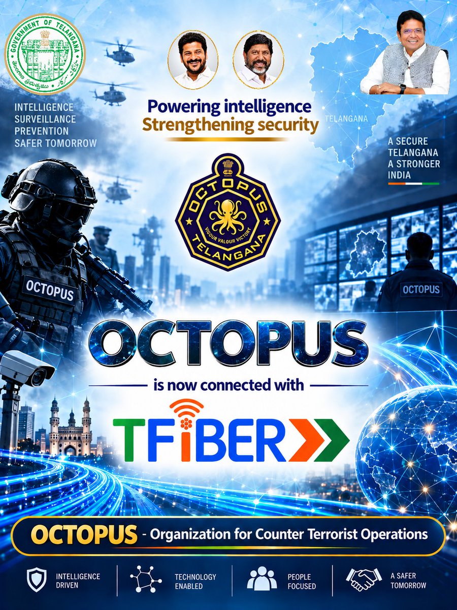 tfiberofficial's tweet photo. Powering intelligence. Strengthening security🛡️

OCTOPUS is now connected with T-Fiber 🚀 

Enabling secure, high-speed digital connectivity to strengthen intelligence, coordination and security operations.

Connecting Security. Empowering Technology. Building a Safer Telangana. 🌐

@revanth_anumula @Bhatti_Mallu
@OffDSB @anudeepd7 @MdTfiber 

#tfiber #Telangana #DigitalTelangana #CyberSecurity #SmartTelangana