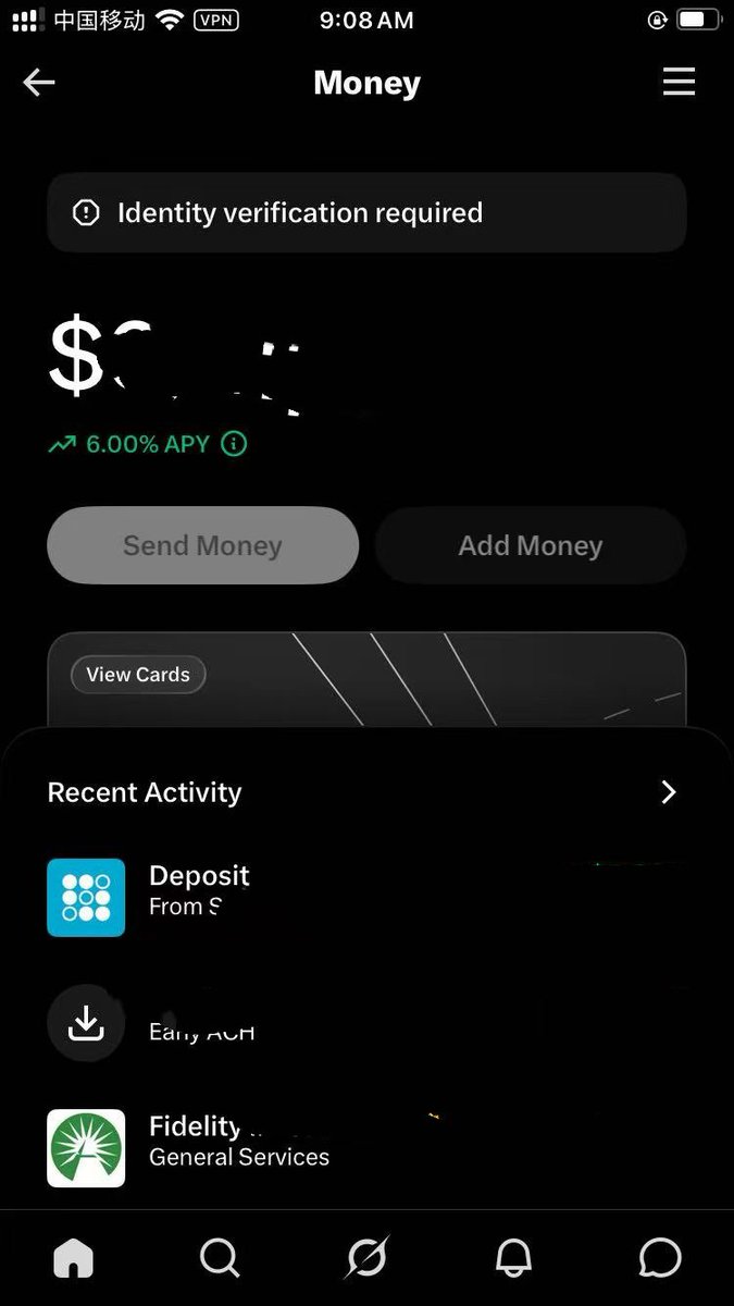 SeanX_888's tweet photo. 后续来了

在首次注册 Xmoney 和密钥在的手机可以进界面

但是上面明确写了需要身份验证

sending money 也是灰色，点击会弹窗拒绝要身份验证

所以我还有6% 收益吗？还能转进吗？当定期直到拿 US ID？ https://t.co/N0iFKoI6Lz