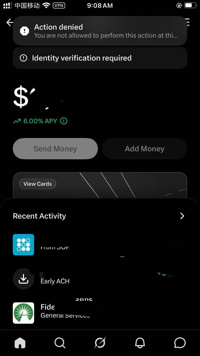 SeanX_888's tweet photo. 后续来了

在首次注册 Xmoney 和密钥在的手机可以进界面

但是上面明确写了需要身份验证

sending money 也是灰色，点击会弹窗拒绝要身份验证

所以我还有6% 收益吗？还能转进吗？当定期直到拿 US ID？ https://t.co/N0iFKoI6Lz