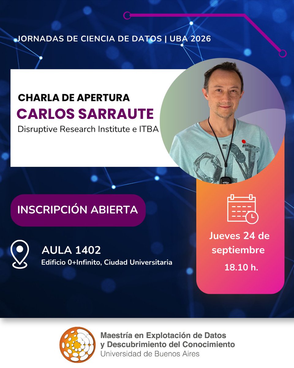 ch4rleston's tweet photo. 🚀 Esta semana voy a participar de las Jornadas de Ciencia de Datos UBA 2026: “Más allá de la IA: sinergia academia–industria”.

El jueves 24 de septiembre a las 18:10 voy a tener el gusto de dar la charla de apertura del segundo día de las jornadas.

Voy a hablar sobre la importancia de conectar la investigación académica con problemas reales de la industria y el sector público, y sobre algunos de los desafíos que surgen en el camino. En particular, voy a contar brevemente algunas investigaciones que hice desde la industria y, más recientemente, desde mi rol de profesor en la Maestría en Ciencia de Datos del @ITBA.

Después de mi charla, me interesa especialmente escuchar a:

🔹 Mariana Sozzi (YPF), sobre casos reales de IA, optimización y toma de decisiones en la industria energética.

🔹 Matías Butti (GenomIT), sobre ciencia de datos aplicada a la salud y medicina traslacional.

🔹 @FSchapachnik, Paula Garnero y @VSemesh en una mesa redonda sobre el futuro del trabajo, moderada por @EMislej.

🗓️ Las jornadas son el miércoles 23 y jueves 24 de septiembre, de 17:30 a 21:00 hs.
📍 Aula 1402, Edificio 0+Infinito, Ciudad Universitaria.

Muchas gracias a Ignacio Alvarez-Hamelin, Marcelo Soria, Marina Lauria de la Maestría en @DataMiningDC por la invitación y por organizar estas jornadas.

Y gracias a @RDextrasolar y al @ITBA por apoyar mi participación en la comunidad de ciencia de datos de Argentina.

¡Nos vemos en Ciudad Universitaria! 🙌