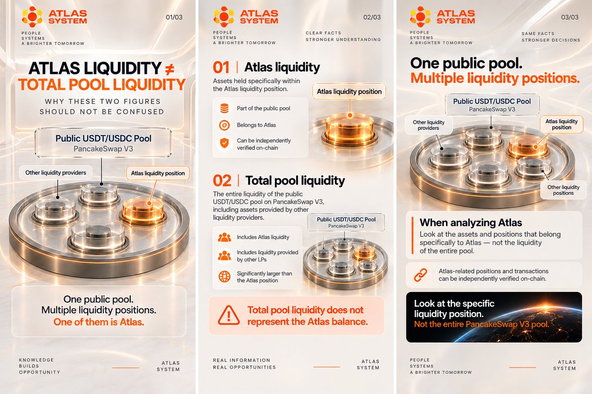 AtlasSystemWeb3's tweet photo. Atlas liquidity ≠ total pool liquidity.
Atlas holds its own liquidity position inside the public USDT/USDC pool on PancakeSwap V3 - but the entire pool also includes liquidity from other providers. https://t.co/3y7g3G6Pwk