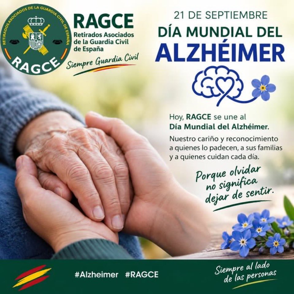 FraileMorinigo's tweet photo. 🧠💙 Hoy, 21 de septiembre, RAGCE se une al Día Mundial del Alzhéimer.
Nuestro cariño y reconocimiento a quienes lo padecen, a sus familias y a quienes cuidan cada día.
Porque olvidar no significa dejar de sentir.
@alzheimerssoc 
@guardiacivil
#Alzheimer
#SiempreGuardiaCivil https://t.co/dH5pM8ZIer