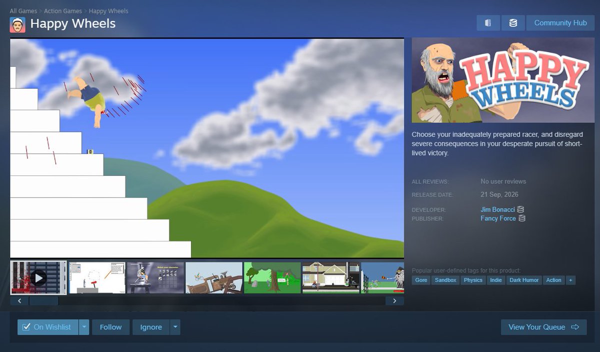 Thafnine's tweet photo. STOP THE PRESSES AGAIN. HAPPY WHEELS IS ON STEAM LADS WE'RE BACK https://t.co/30QBtq5u43