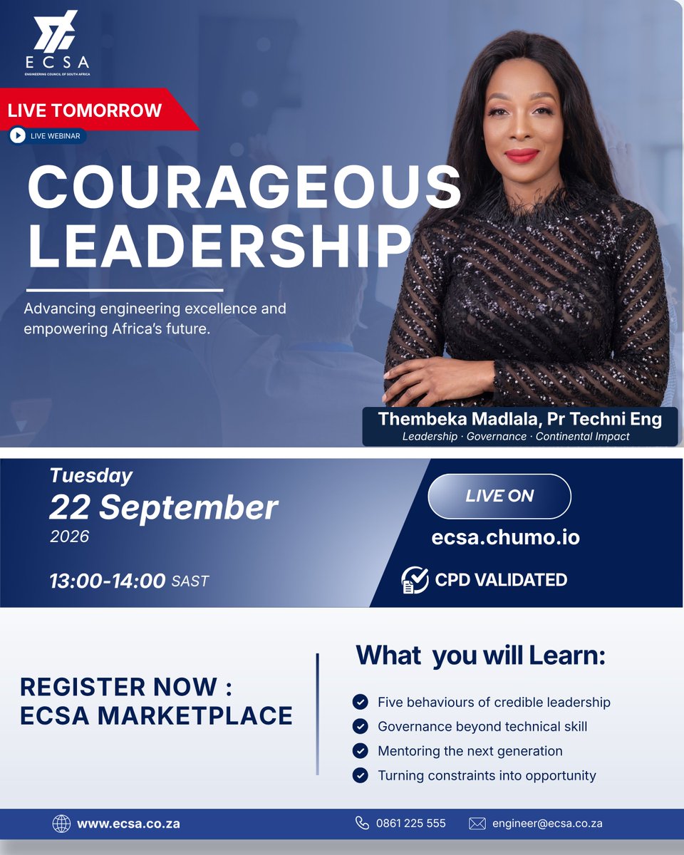 ECSAOfficial's tweet photo. Have you secured your spot yet?
We are excited to host a powerful Live CPD Session tomorrow on Courageous Leadership featuring Thembeka Madlala, Pr Techni Eng.
🗓️22 September 2026
Register here: https://t.co/PYRhrBtwKa
#ECSA #EngineeringLeadership #CPD #ProfessionalDevelopment https://t.co/J31CcOjsgT