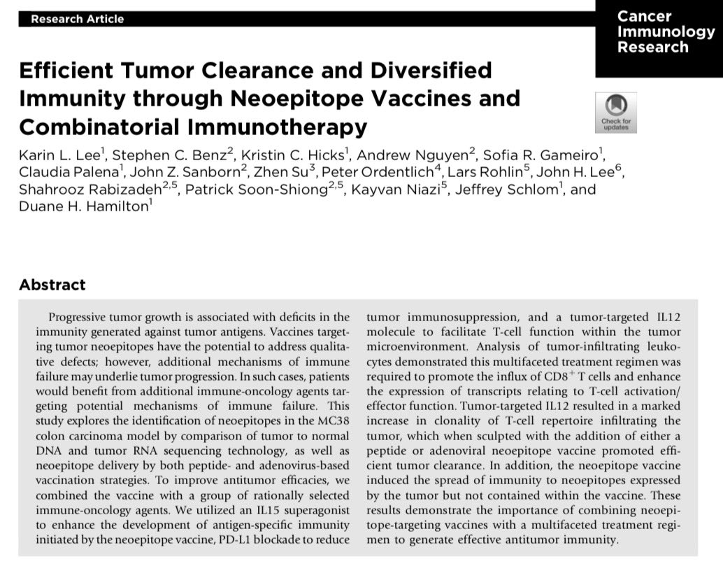 DrPatrick's tweet photo. Neoepitope vaccine development - the sequence and orchestration of the NK cell and T cell for a durable response with Neoepitope vaccine is important. IL-15 and NHS-IL-12 and Adeno vaccine are key players. Our 2019 paper. https://t.co/cFSB2mZfa8