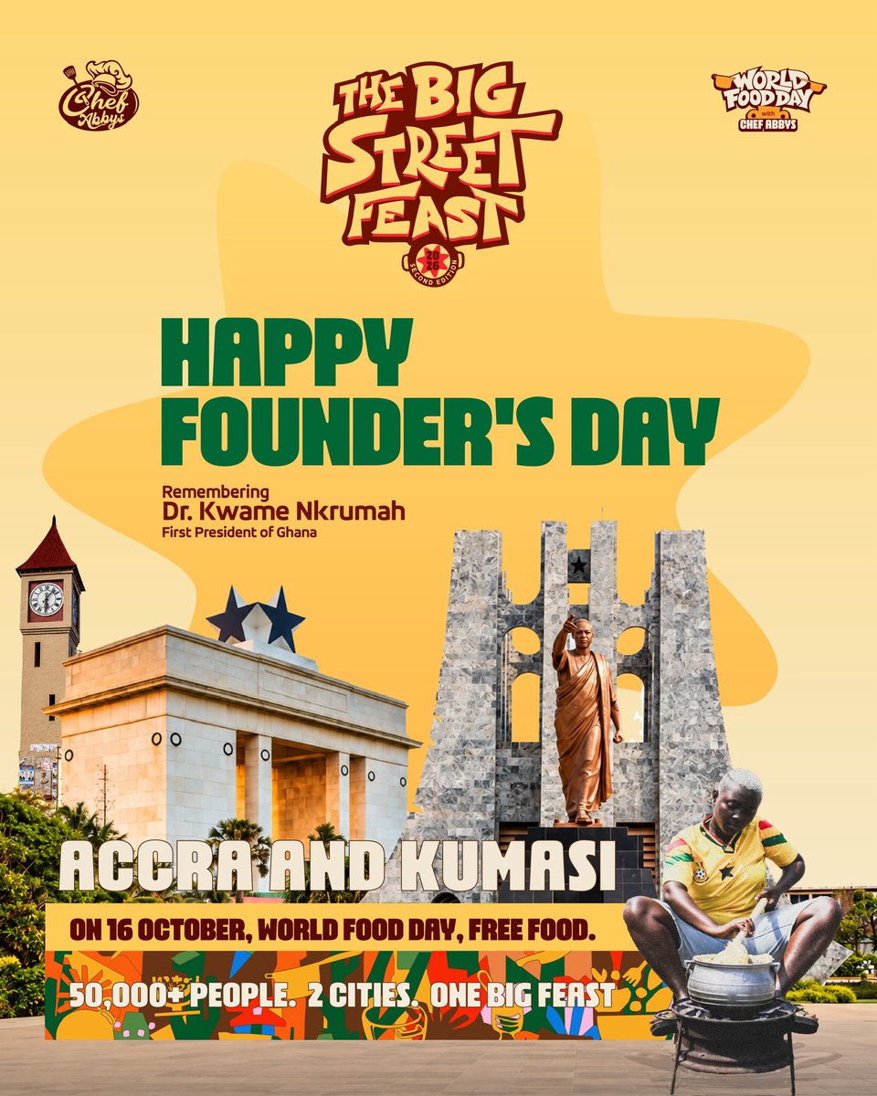 BIGSTREETFEAST's tweet photo. Today, we honour the vision, courage, and sacrifices that helped shape the Ghana we call home🇬🇭 
May we continue to carry that spirit forward, celebrating where we’ve come from and where we’re going.

Happy Founders’ Day from Big Street Feast! 🇬🇭

#thebigstreetfeast #worldfoodday https://t.co/WjTlLJVAtO