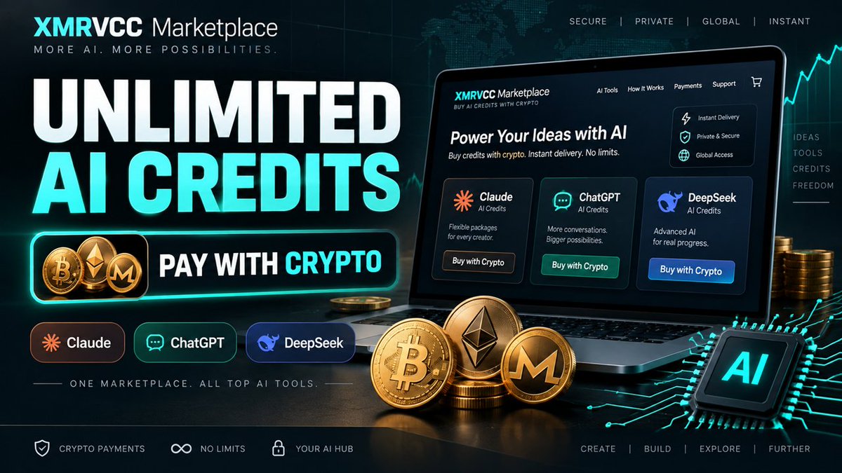 XmrVcc's tweet photo. Unlimited AI credits with crypto.

Get unlimited Claude, unlimited ChatGPT, DeepSeek AI credits and other unlimited AI packages on XMRVCC Marketplace. Pay with Monero (XMR), BTC, USDT and more.

Watch the full guide:
https://t.co/mPWFHzQfP8

Buy unlimited AI packages:
https://t.co/JRhmJkv80W

#UnlimitedAI #AICredits #Monero #XMR #Crypto #Claude #ChatGPT #DeepSeek #XMRVCC #fable #opus #astra #gptastra #gpt6