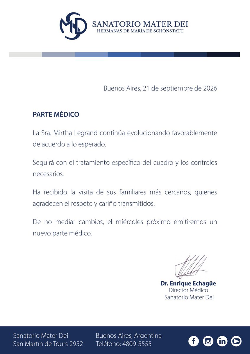 NachoRodriOk's tweet photo. 🔴AHORA

Nuevo parte médico del Mater Dei por la salud de Mirtha Legrand.

Próximo parte: MIÉRCOLES. https://t.co/aJbBJulaS4