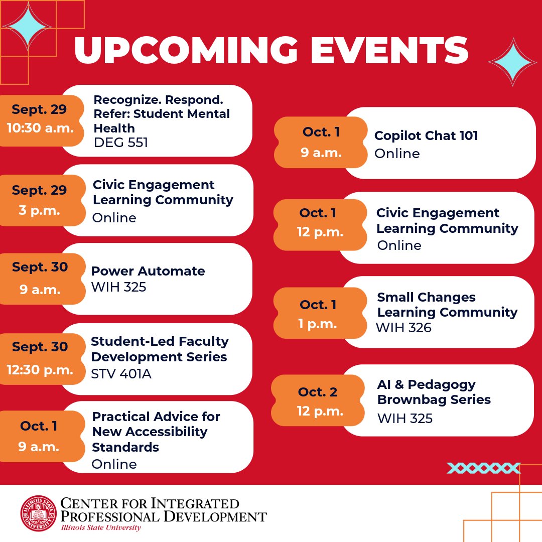 ProDevISU's tweet photo. We're welcoming October with a week full of professional development! From workshops on mental health to AI tools, CIPD, @Redbird_Well, @redbirdimpact, and campus partners are here to support you!

🔗 https://t.co/tRidwOFFxH https://t.co/51wEqL9xF1