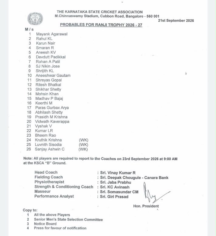 ranjikarnataka's tweet photo. Here’s Karnataka’s probable list for the #RanjiTrophy 2026/27 https://t.co/wqxz19qP2T